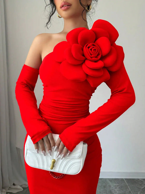 SHEIN Women's Oblique Shoulder Splice Floral Waist Pleated Slim Fit Long Sleeve Elegant Dress