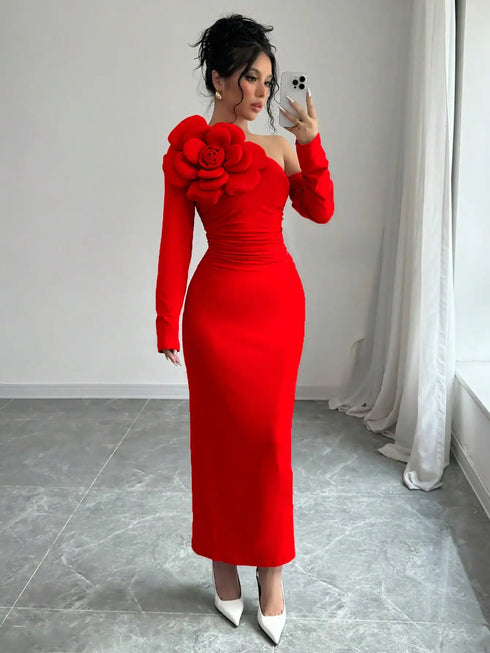 Women's Oblique Shoulder Splice Floral Waist Pleated Slim Fit Long Sleeve Elegant Dress