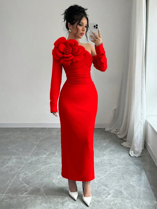 Women's Oblique Shoulder Splice Floral Waist Pleated Slim Fit Long Sleeve Elegant Dress