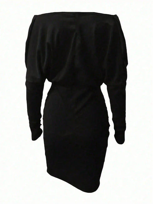 Women's Pleated V-Neck Mid-Length Long Sleeve OL Dress