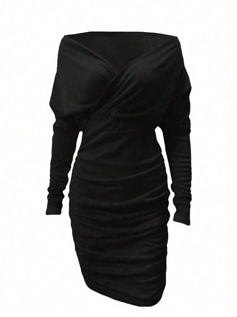 SHEIN Women's Pleated V-Neck Mid-Length Long Sleeve OL Dress