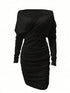 SHEIN Women's Pleated V-Neck Mid-Length Long Sleeve OL Dress