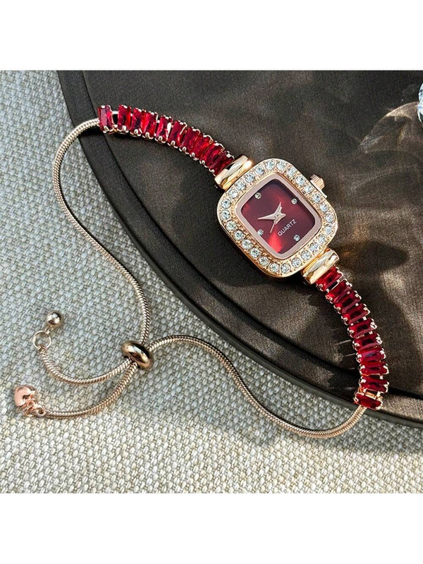 Women's Red Crystal Embellished Flexible Bracelet Watch