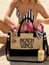 SHEIN Women's Beach Tote Bag Set, With "Beach Vibes" Letter Pattern, Large Capacity Tote Bag With Black Fashion Sunglasses