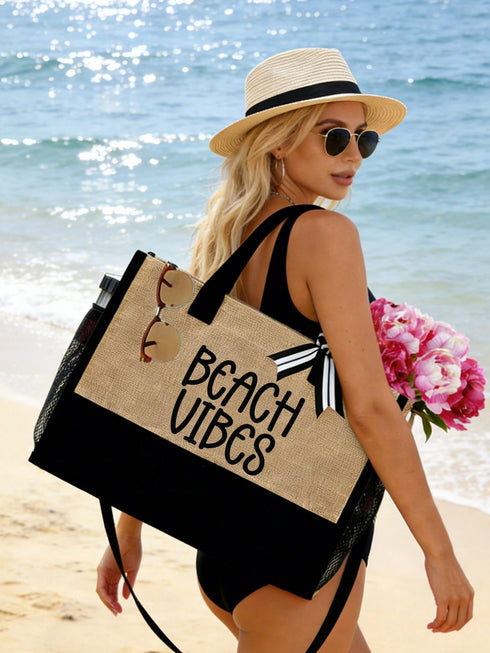 SHEIN Women's Beach Tote Bag Set, With "Beach Vibes" Letter Pattern, Large Capacity Tote Bag With Black Fashion Sunglasses