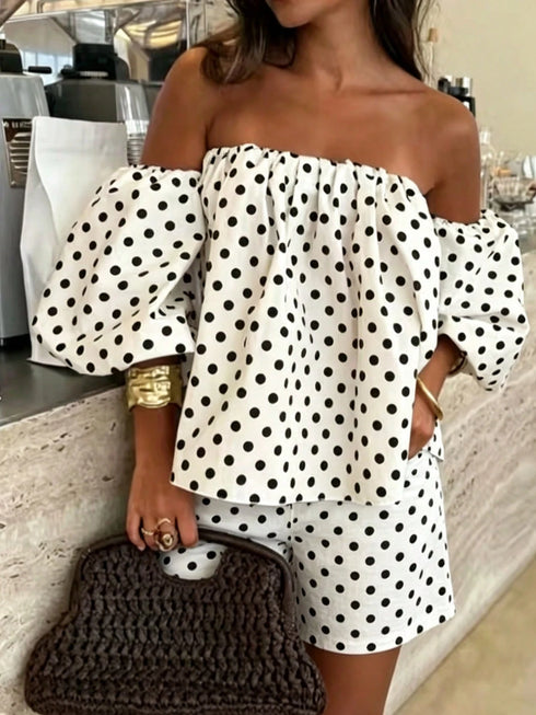 SHEIN Women's Black & White Polka Dot Off-Shoulder Lantern Sleeve Loose Top And Elastic Waist Shorts 2-Piece Set Elegant