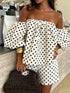 SHEIN Women's Black & White Polka Dot Off-Shoulder Lantern Sleeve Loose Top And Elastic Waist Shorts 2-Piece Set Elegant
