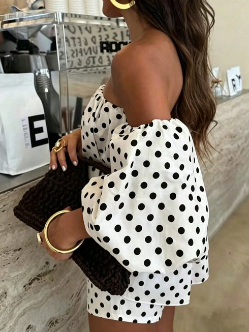 SHEIN Women's Black & White Polka Dot Off-Shoulder Lantern Sleeve Loose Top And Elastic Waist Shorts 2-Piece Set Elegant