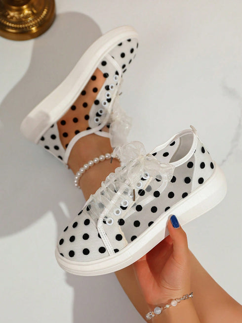 SHEIN Women's Casual Canvas Sneakers, Breathable Mesh Polka Dot Design