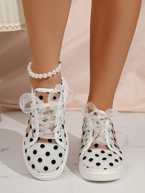 SHEIN Women's Casual Canvas Sneakers, Breathable Mesh Polka Dot Design