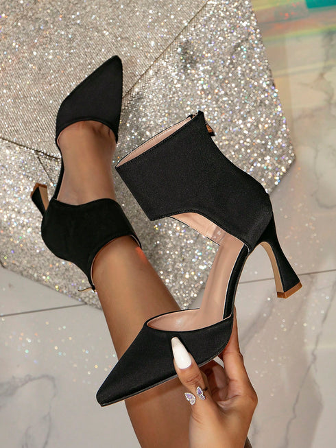 SHEIN Women's Closed Toe Mule Pumps, Back Zipper Hollow Design, Simple Elegant High Heel Office Work Shoes, Formal Dress Ankle Boots,Sexy,Party Outfits,Pointed Heels