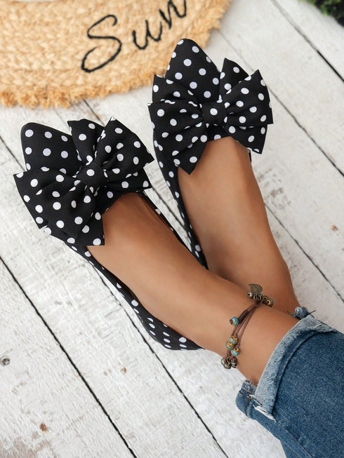 SHEIN Women's Fashion Polka Dot Bow Pointed Toe Flat Shoes, Comfortable Lining Slip-On, Elegant Versatile Daily Wear