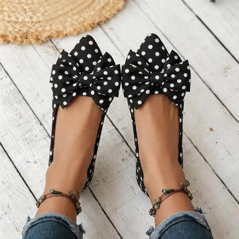SHEIN Women's Fashion Polka Dot Bow Pointed Toe Flat Shoes, Comfortable Lining Slip-On, Elegant Versatile Daily Wear