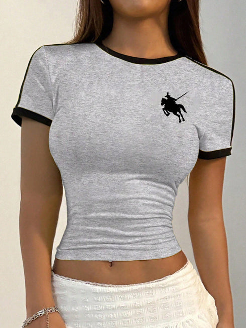 SHEIN Women's Fitted Round Neck Printed Striped Short Sleeve T-Shirt, Contrast Color Pattern Casual Summer Gray
