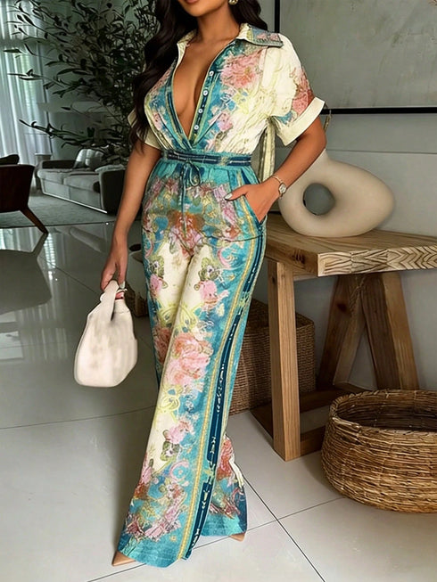 SHEIN جمبسوت نسائي أمامي بأزرار وحبل شد مرن بخصر مزين بنقشة الزهور، جمبسوت بقصة ضيقة، طقم صيفي بنفسجي مزين بالزهور بأكمام قصيرة وبنطلون واسع الساق، طقم مطابق للسيدات لقضاء العطلات والشاطئ