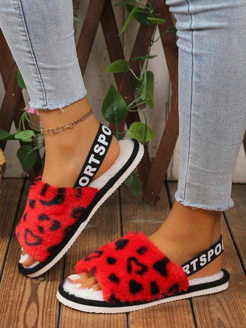 SHEIN Open Toe Leopard Plush Slippers