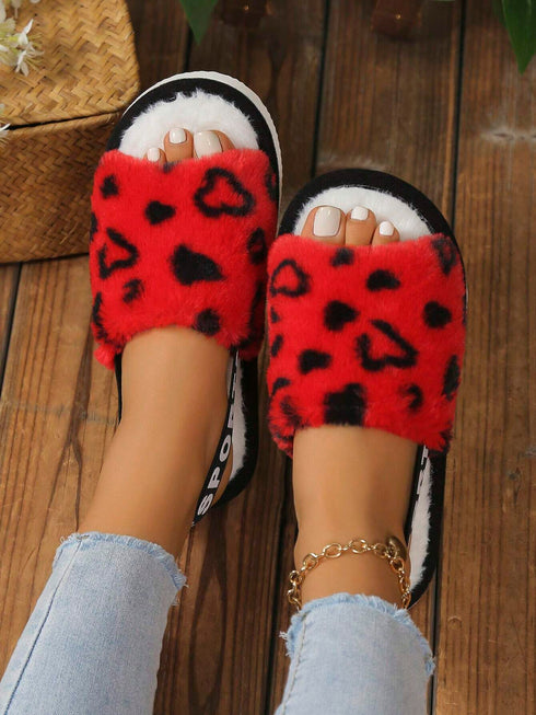 SHEIN Open Toe Leopard Plush Slippers