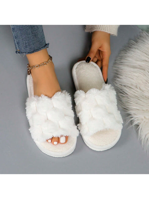SHEIN Fluffy Slip-On Slippers For Women, Comfortable Open-Toe House Shoes ( WHITE )
