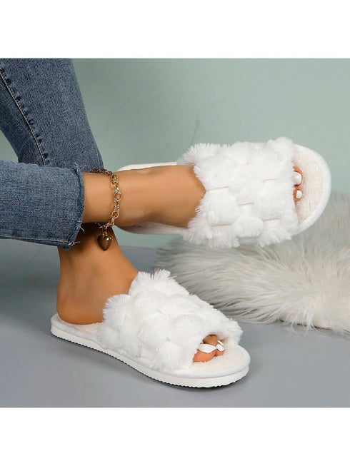 SHEIN Fluffy Slip-On Slippers For Women, Comfortable Open-Toe House Shoes ( WHITE )