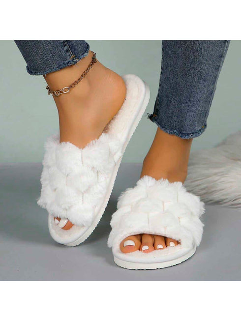 SHEIN Fluffy Slip-On Slippers For Women, Comfortable Open-Toe House Shoes ( WHITE )