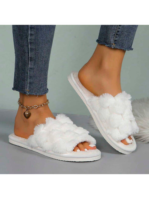 SHEIN Fluffy Slip-On Slippers For Women, Comfortable Open-Toe House Shoes ( WHITE )