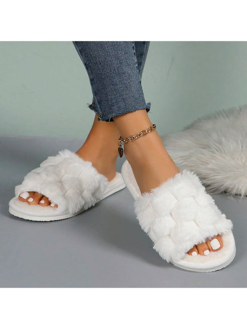 SHEIN Fluffy Slip-On Slippers For Women, Comfortable Open-Toe House Shoes ( WHITE )