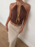 SHEIN Women's Sexy Metal Button Tassel Halter Backless Deep V Neck Solid Color Knit Fabric Tassel Metal Button Top Brown