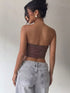 SHEIN Women's Sexy Metal Button Tassel Halter Backless Deep V Neck Solid Color Knit Fabric Tassel Metal Button Top Brown