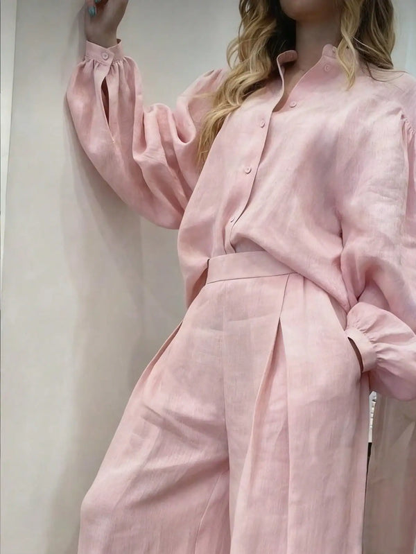 SHEIN Women's Solid Color Front Button Long Sleeve Top And Pocket Loose Pants