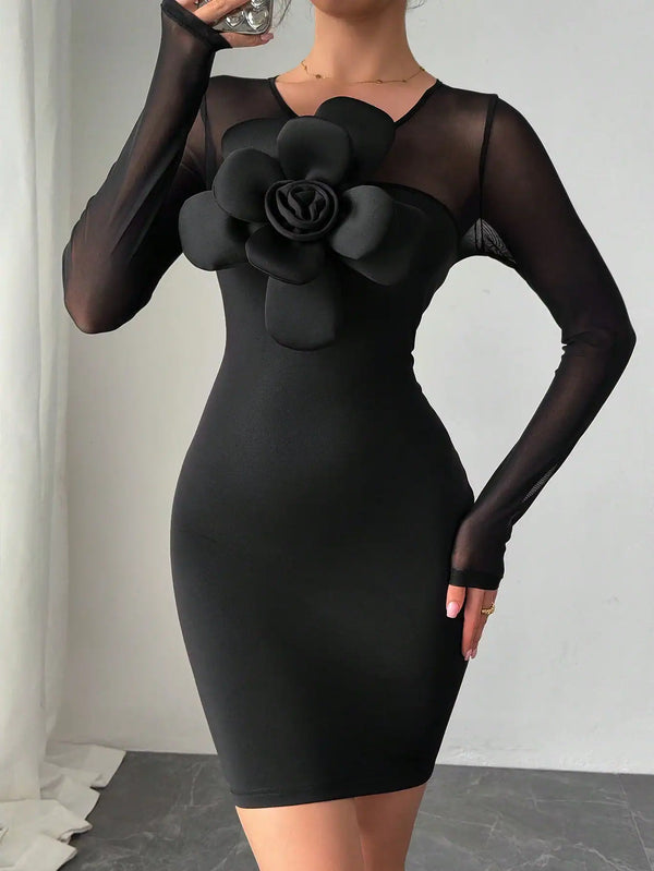 SHEIN Solid Color Mesh Splice Long Sleeve 3D Floral Decor Mini Dress