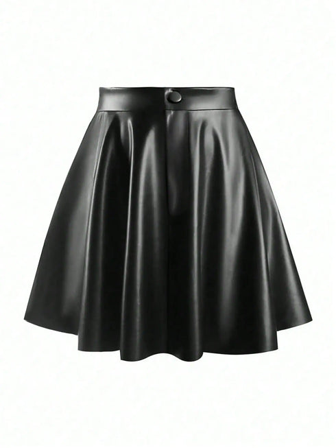 SHEIN Women's Solid Color PU Leather Pleated Fashion Mini Skirt