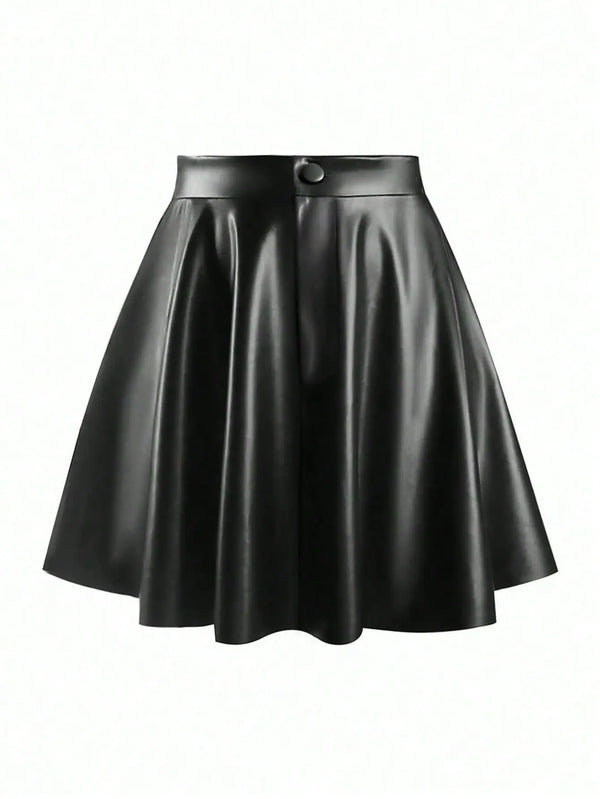 SHEIN Women's Solid Color PU Leather Pleated Fashion Mini Skirt
