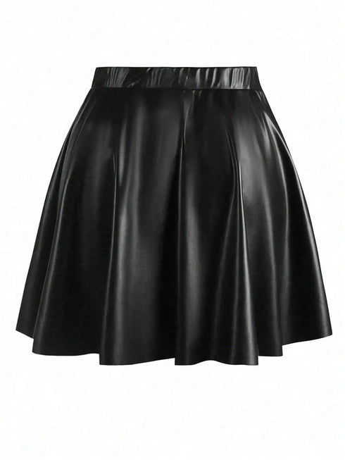 SHEIN Women's Solid Color PU Leather Pleated Fashion Mini Skirt