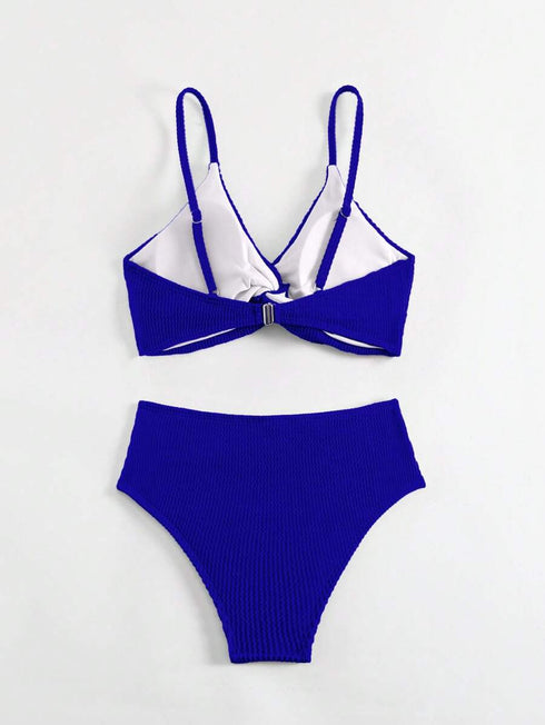 طقم بيكيني صيفي نسائي من SHEIN بلون موحد بتصميم صدر ملتوي، ملابس شاطئ