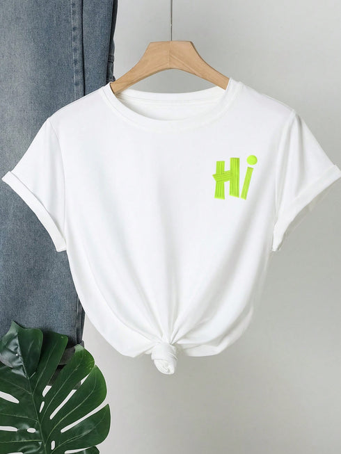 SHEIN Women's White Crew Neck Short Sleeve T-Shirt With Neon Green "HI" Print, Casual Regular Length Knit Top Summer