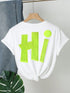 SHEIN Women's White Crew Neck Short Sleeve T-Shirt With Neon Green "HI" Print, Casual Regular Length Knit Top Summer