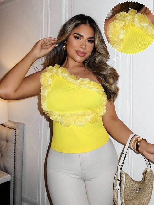 SHEIN Xyvia Women's Elegant 3D Floral Decor One Shoulder Sleeveless Top