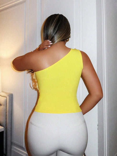 SHEIN Xyvia Women's Elegant 3D Floral Decor One Shoulder Sleeveless Top