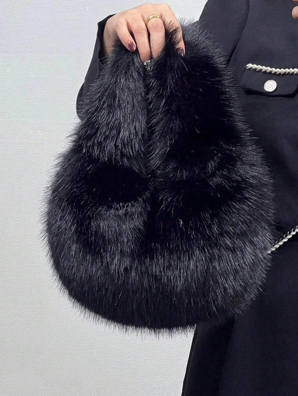 Yogodlns Solid Color Plush Dumpling Bag Simple Style Niche Design Faux Fox Fur Handbag Tote Small Women's