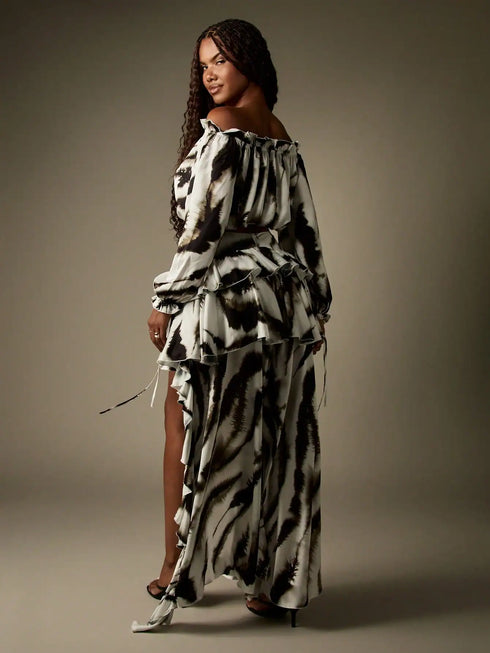 SHEIN MISSGUIDED Zebra Print Satin Crop Top High Low Ruffle Skirt Two Piece