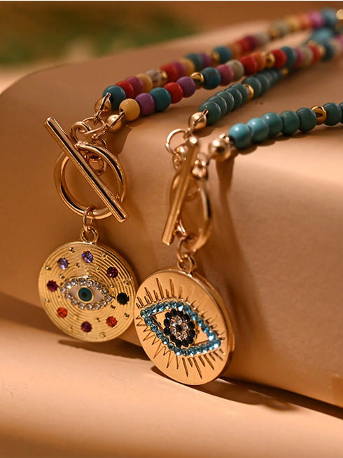 SHEIN 1pc Colorful Artificial Turquoise Necklace, Evil Eye Pendant Choker Necklace