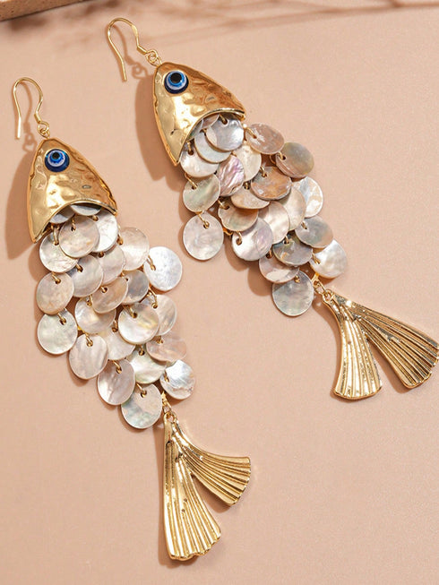 SHEIN 1 Pair Creative Fish Shaped Shell Tassel Earrings, Elegant Personalized Accessories With Beach Vacation Vibe
