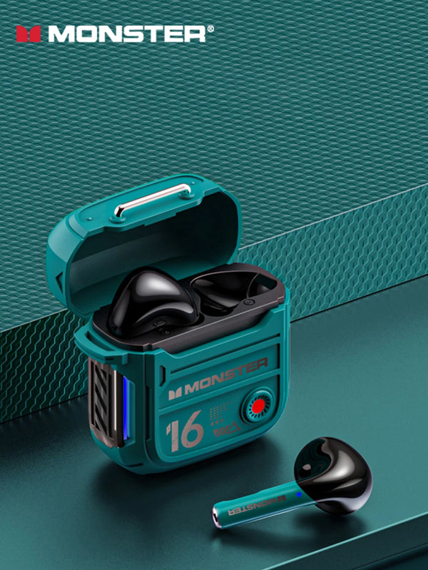SHEIN Original Monster XKT16 V5.3 semi-in-ear wireless earbuds, HiFi audio, gaming performance, unlimited battery life, low latency.