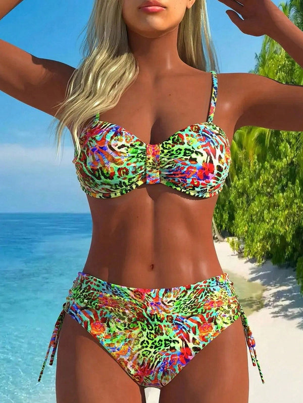 Woman wearing a colorful bikini set with a beach background