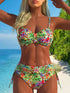 Woman wearing a colorful bikini set with a beach background