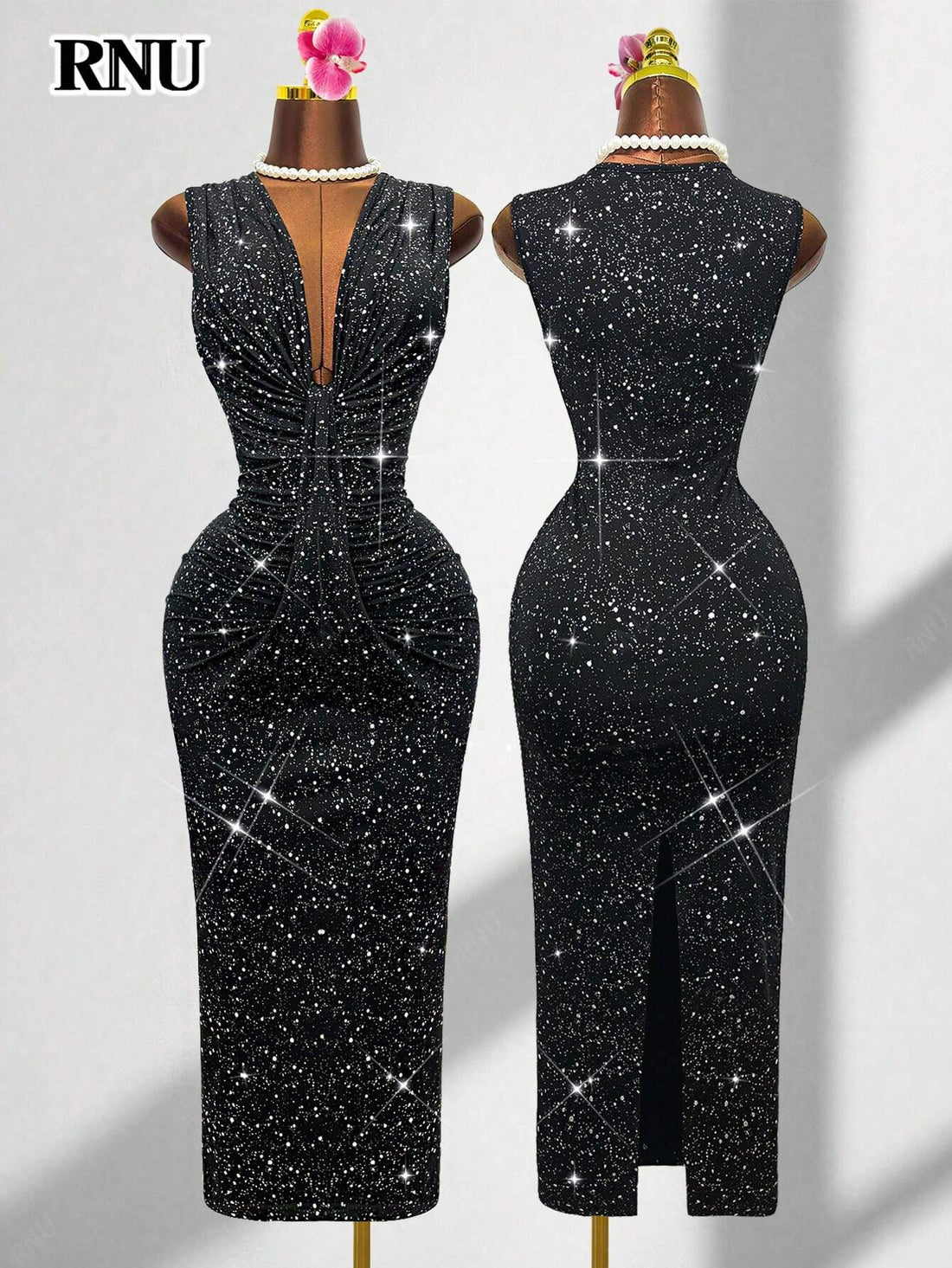 SHEIN RNU Women's Sexy Black Shiny Fabric Dress