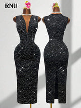 SHEIN RNU Women's Sexy Black Shiny Fabric Dress