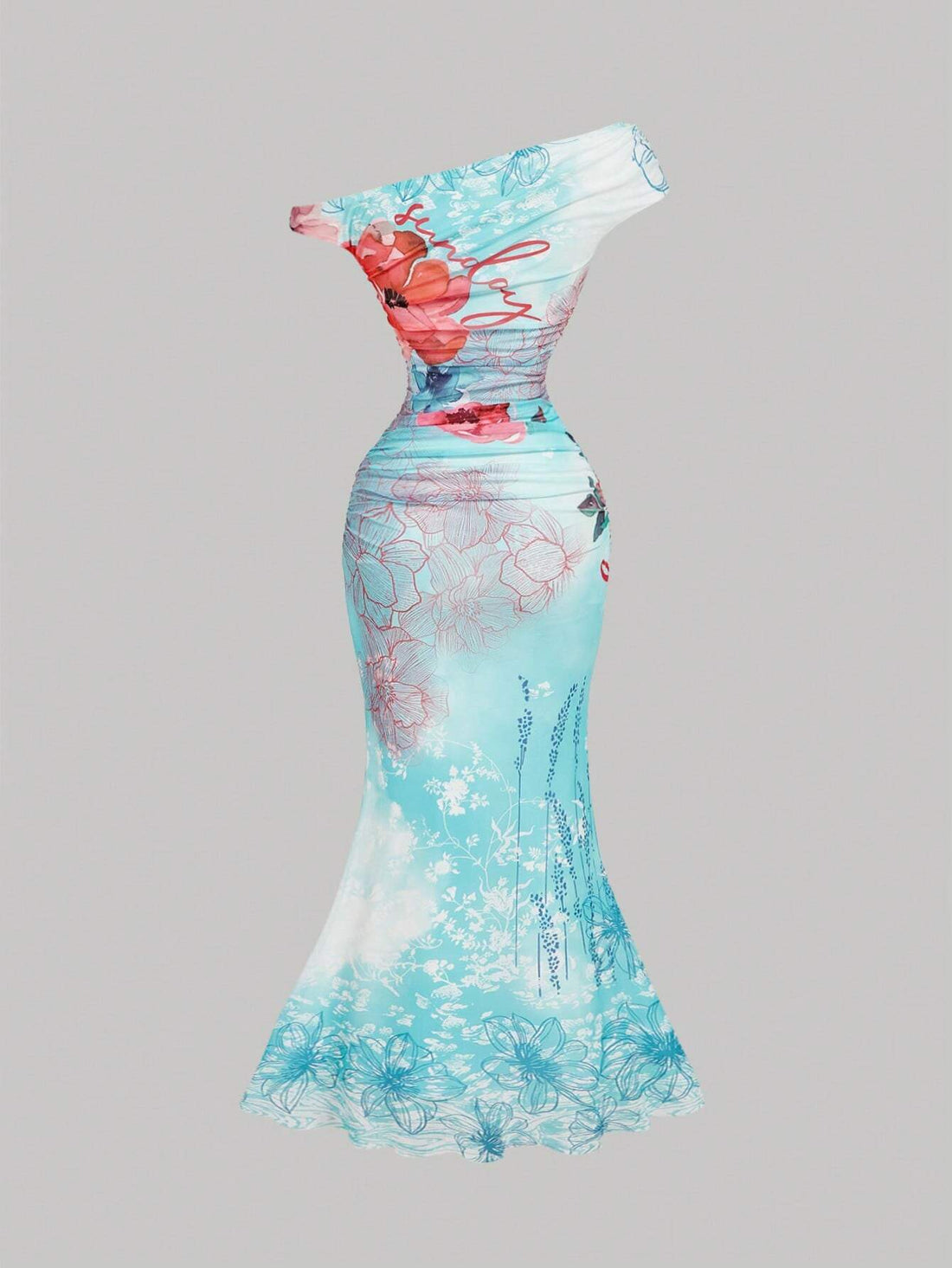 SHEIN SHEIN MOD Dreamy Romantic Ocean Print Off-Shoulder Waist-Cinching Maxi Dress