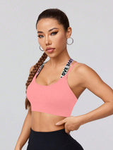 Sexy Cross-Back Letter Print Cami Bralette With Adjustable Straps, Sports Bra