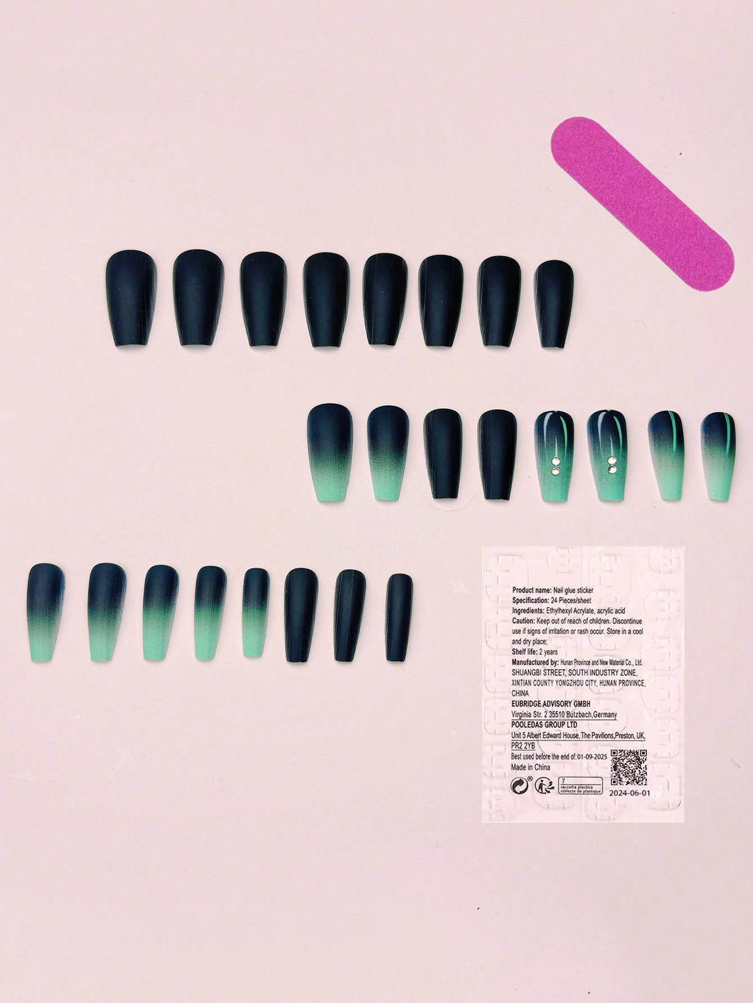 SHEIN 24 Pcs Mid-Length White to Blue Ombre Rhinestone Press-On Nails